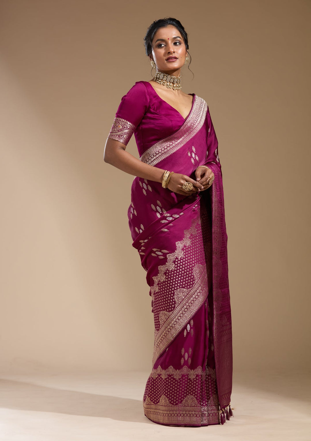 Wine Zariwork (Gold) Satin Silk Saree