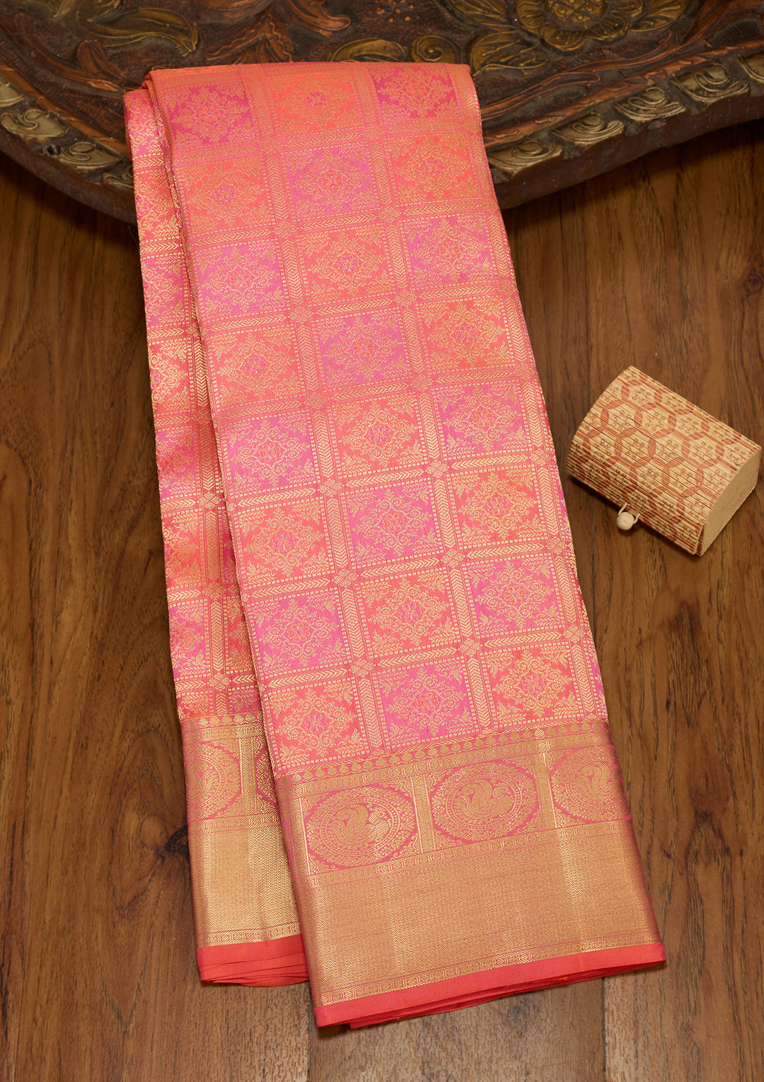 Peach Zariwork (Gold) Silk Silk Saree