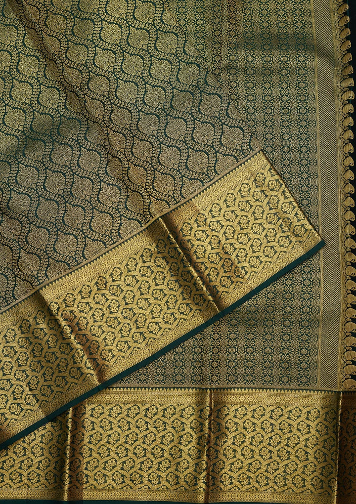 Bottle Green Zariwork (Gold) Pure Silk Saree