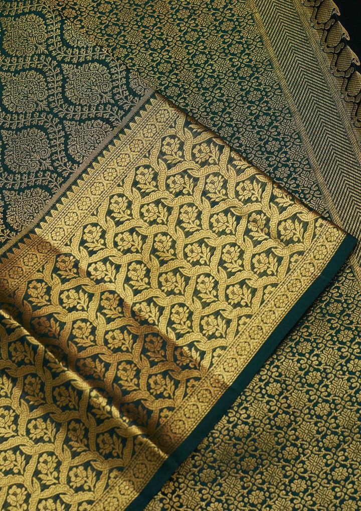 Bottle Green Zariwork (Gold) Pure Silk Saree