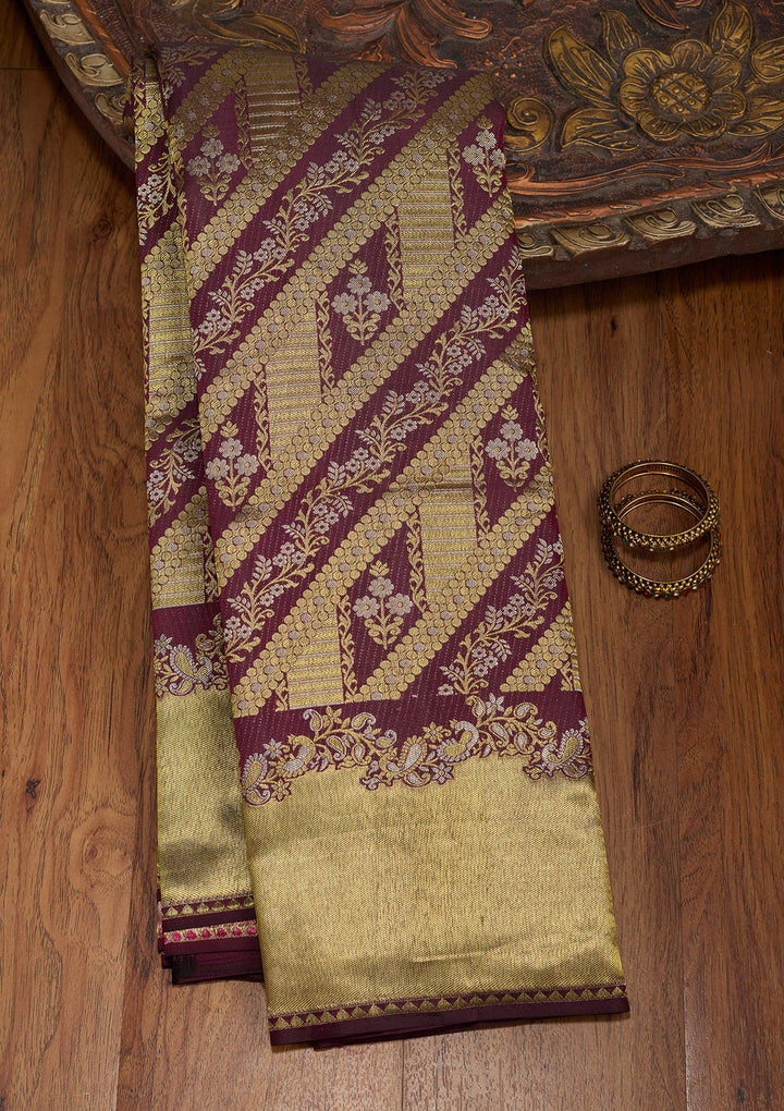 Wine Zariwork (Gold) Pure Silk Saree