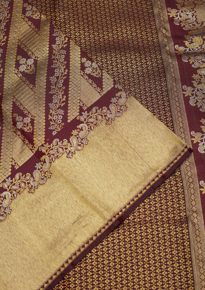 Wine Zariwork (Gold) Pure Silk Saree