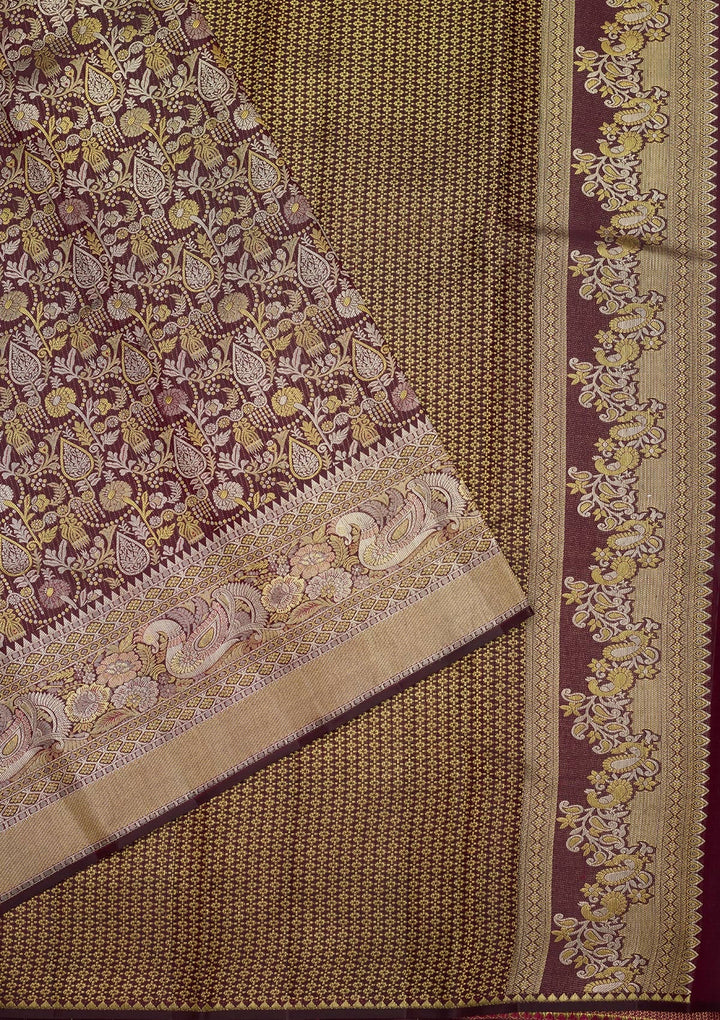 Wine Zariwork (Gold) Pure Silk Saree