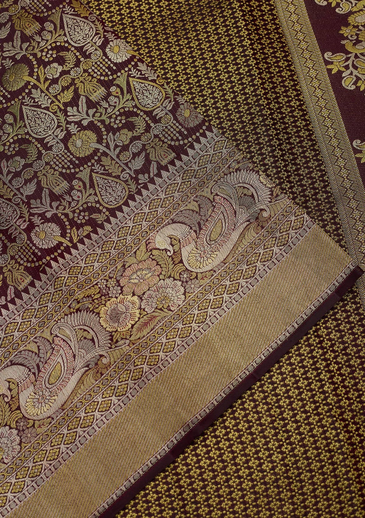 Wine Zariwork (Gold) Pure Silk Saree