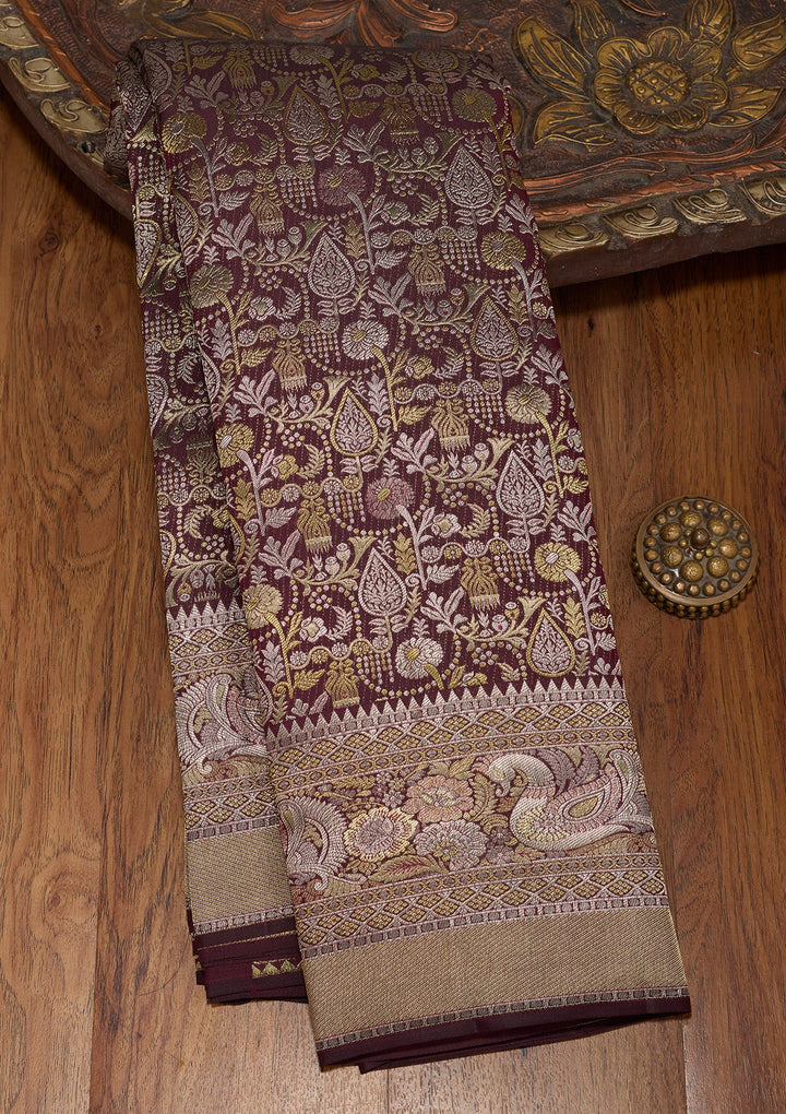 Wine Zariwork (Gold) Pure Silk Saree