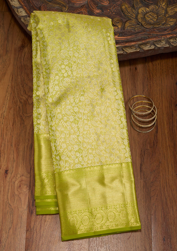 Lime Green Zariwork (Gold) Pure Silk Saree