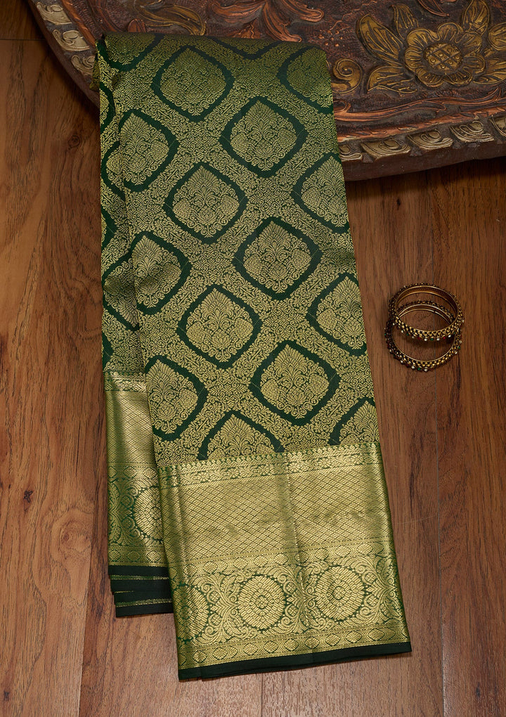 Bottle Green Zariwork (Gold) Pure Silk Saree