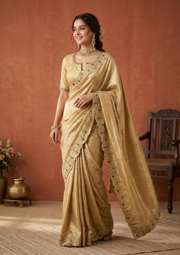 Gold Organza Silver Stonework Saree With Matching Blouse Piece
