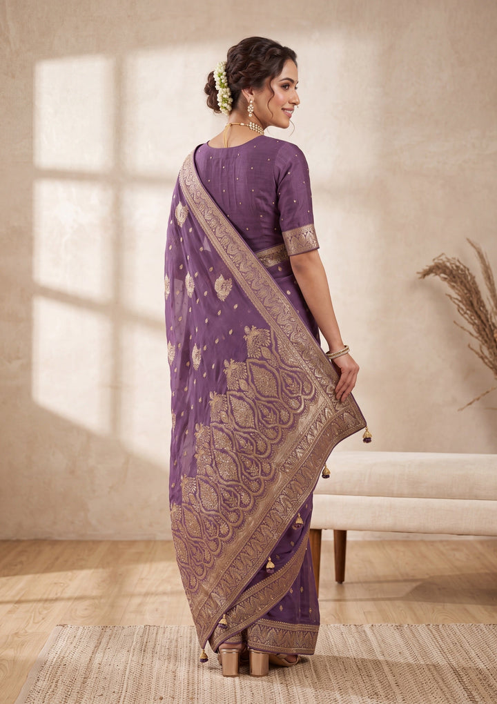 Lavender Banarasi Silk Saree With Matching Blouse Piece