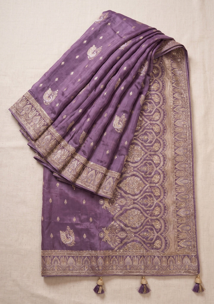 Lavender Banarasi Silk Saree With Matching Blouse Piece