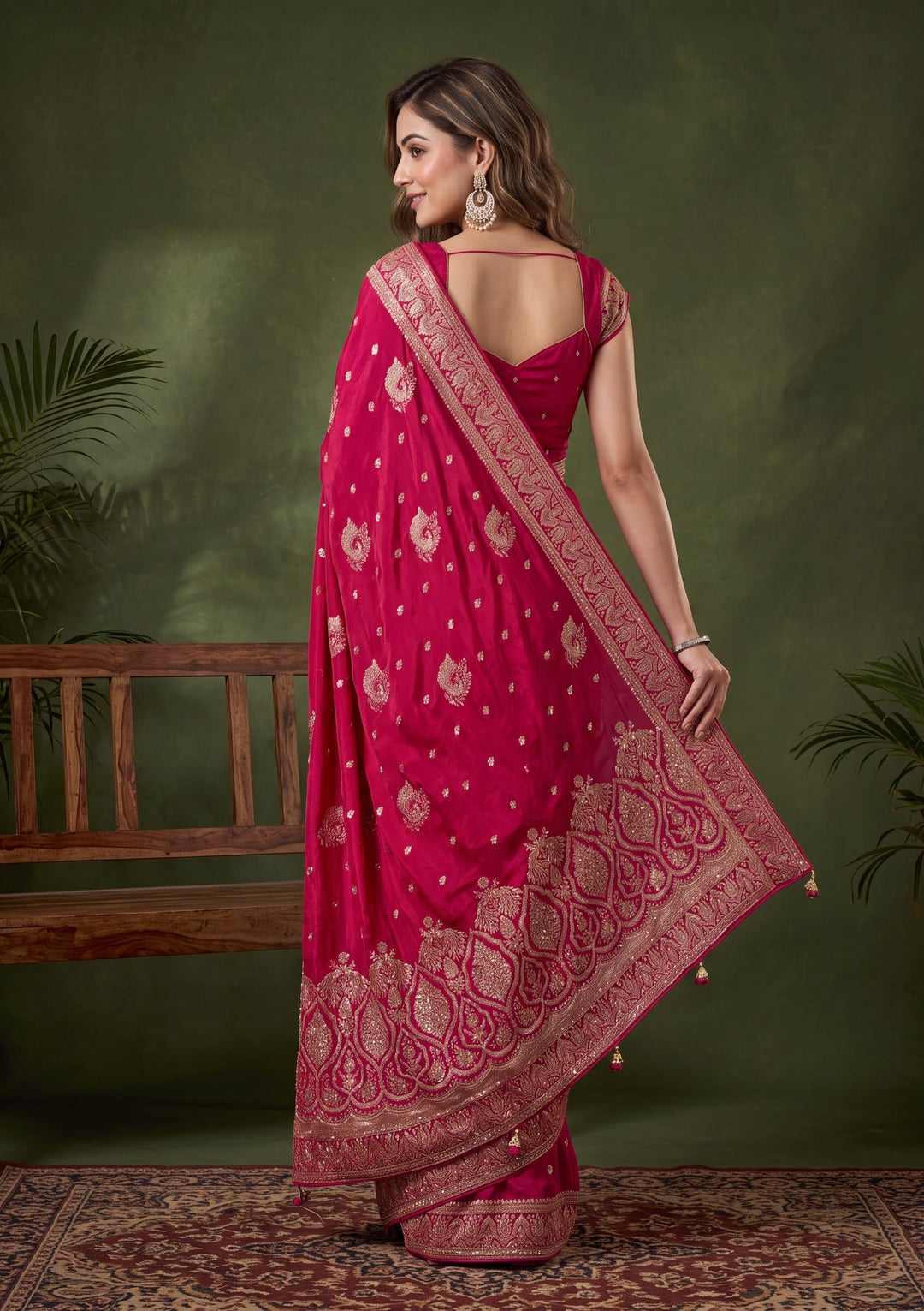 Rani Pink Silk Buti Cutdana Saree With Matching Blouse Piece