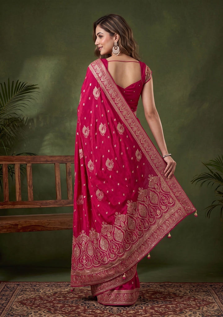 Rani Pink Silk Buti Cutdana Saree With Matching Blouse Piece