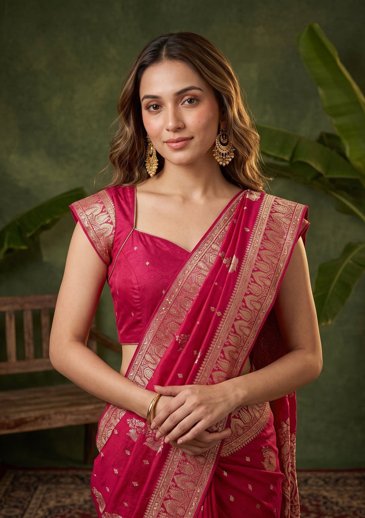 Rani Pink Silk Buti Cutdana Saree With Matching Blouse Piece