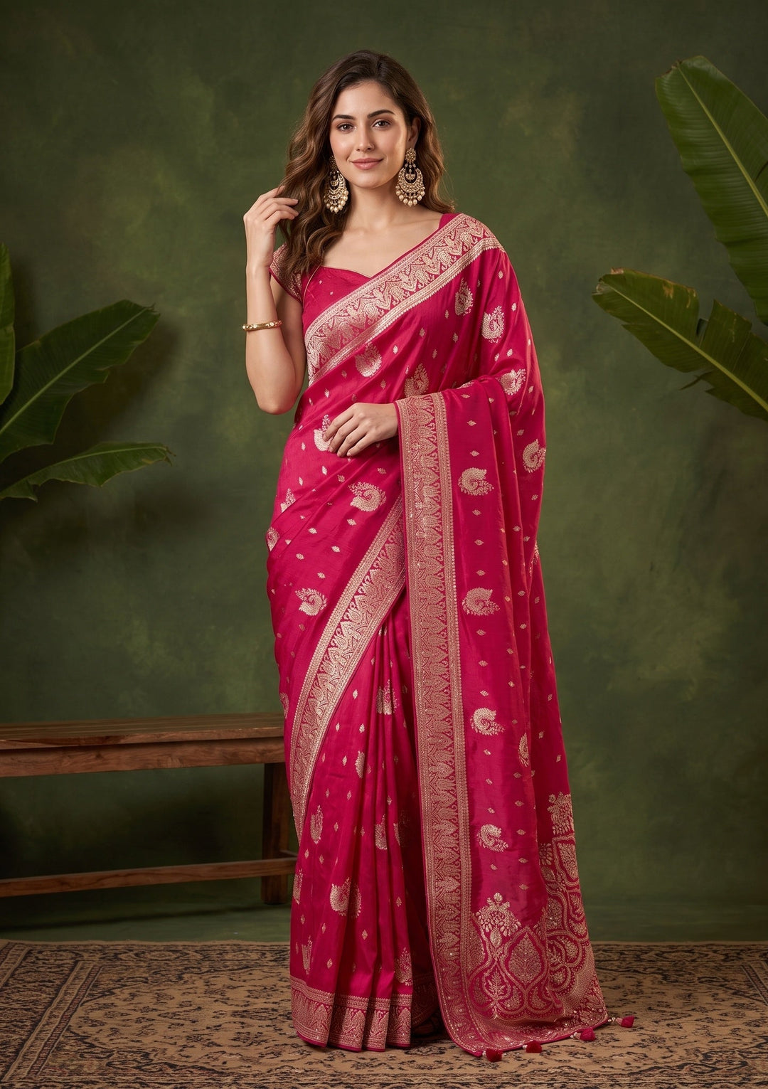 Rani Pink Silk Buti Cutdana Saree With Matching Blouse Piece