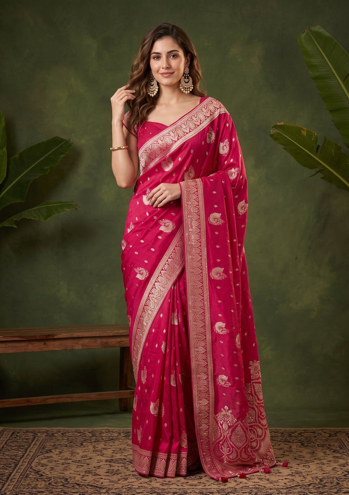 Rani Pink Silk Buti Cutdana Saree With Matching Blouse Piece