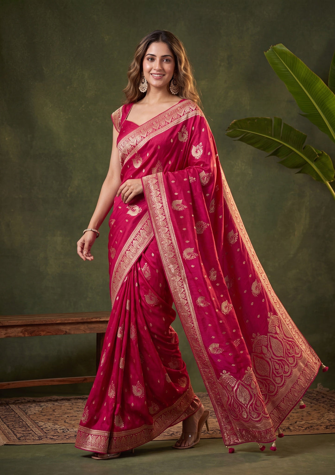 Rani Pink Silk Buti Cutdana Saree With Matching Blouse Piece