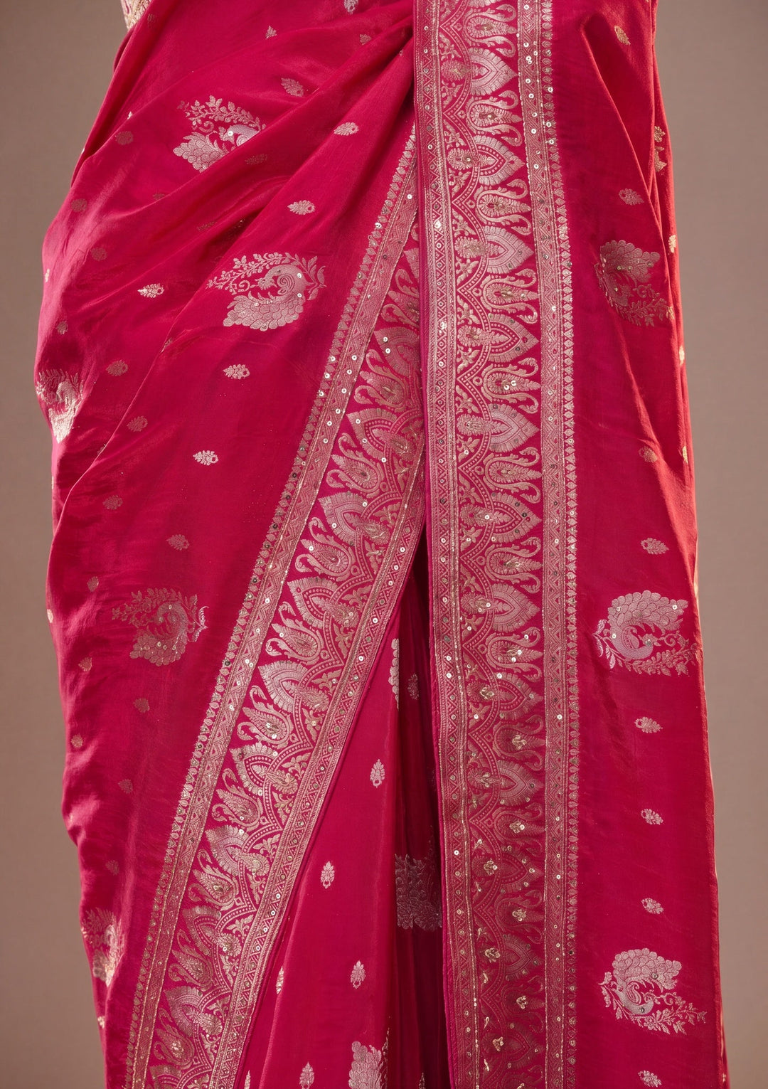Rani Pink Silk Buti Cutdana Saree With Matching Blouse Piece