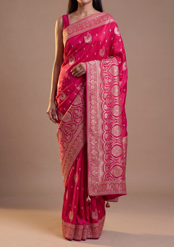 Rani Pink Silk Buti Cutdana Saree With Matching Blouse Piece