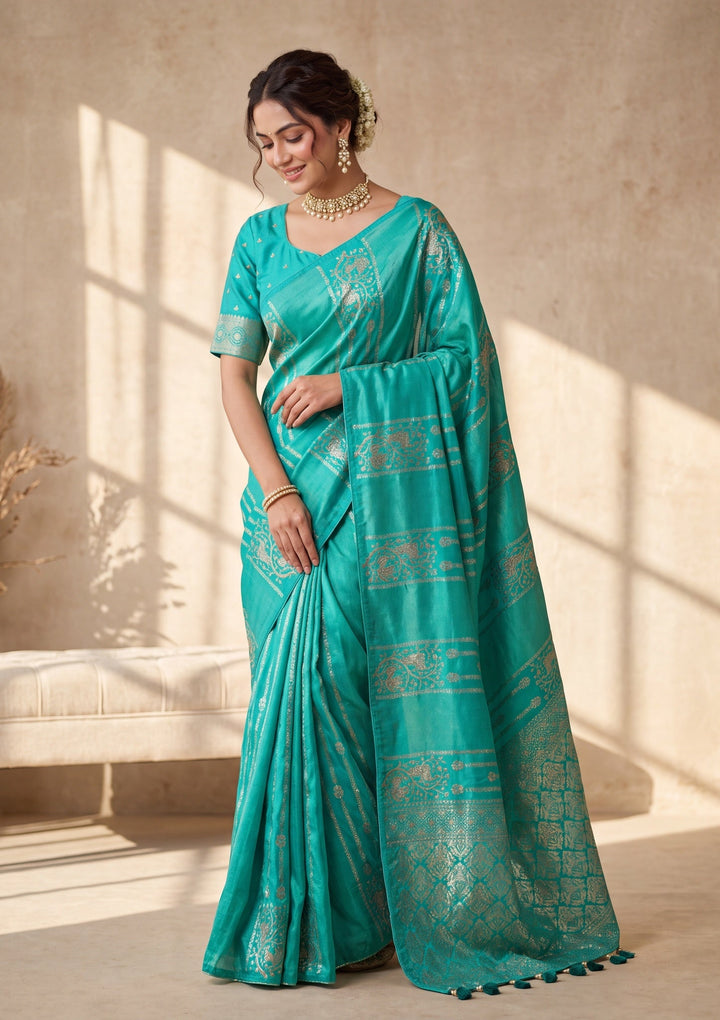 Sea Green Silk Jaal Cutdana Saree With Matching Blouse Piece