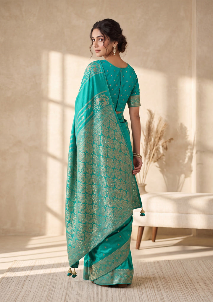 Sea Green Silk Jaal Cutdana Saree With Matching Blouse Piece