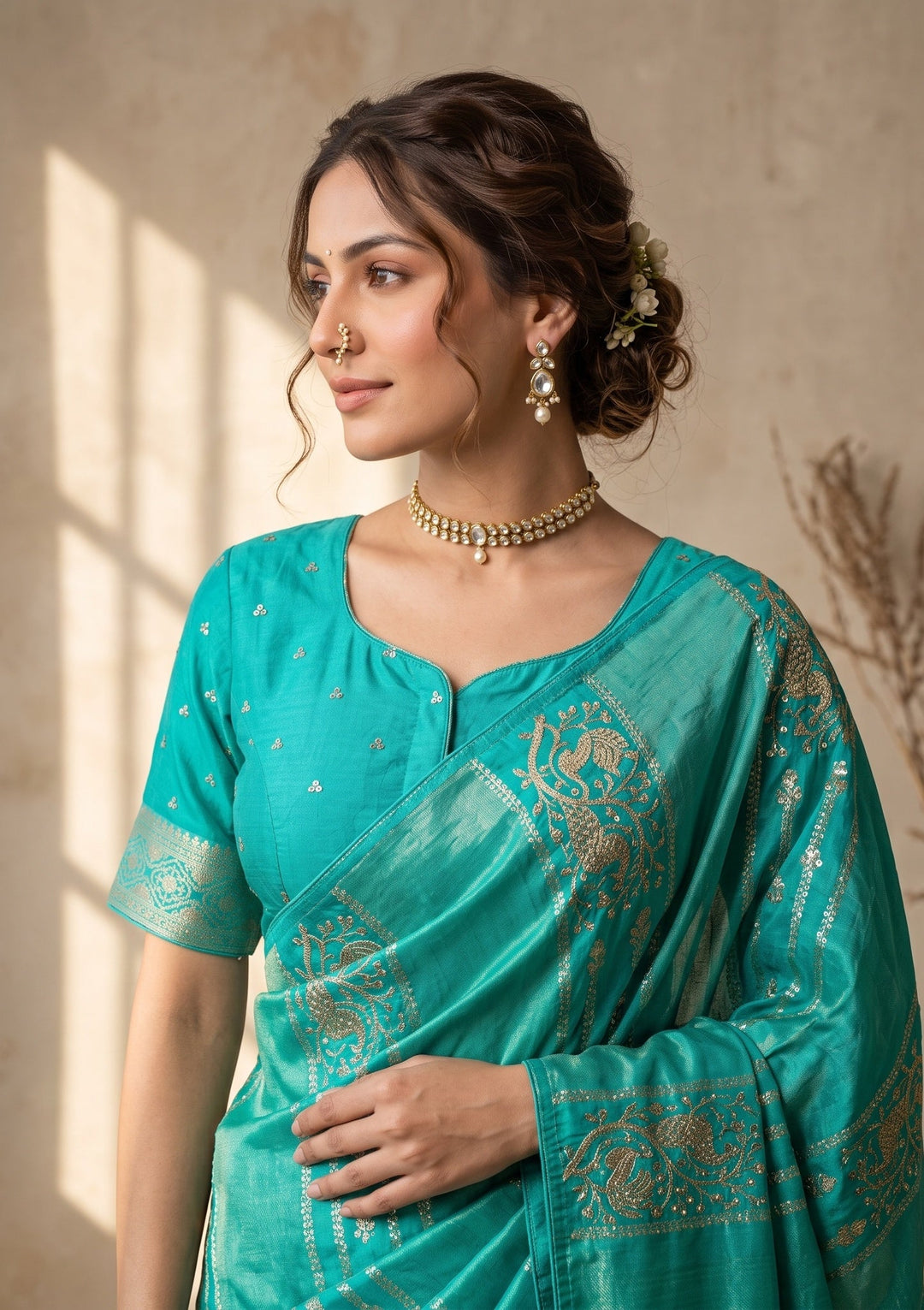 Sea Green Silk Jaal Cutdana Saree With Matching Blouse Piece
