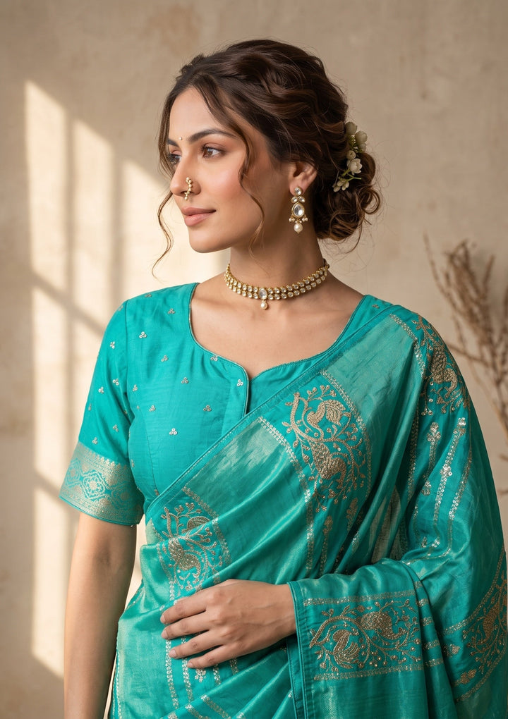 Sea Green Silk Jaal Cutdana Saree With Matching Blouse Piece