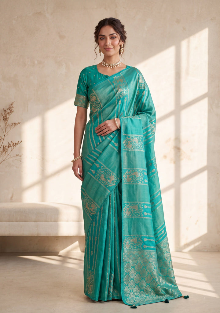 Sea Green Silk Jaal Cutdana Saree With Matching Blouse Piece