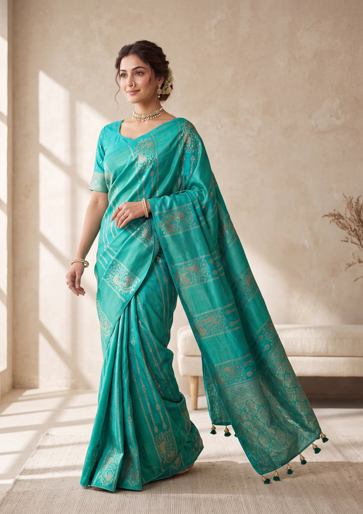 Sea Green Silk Jaal Cutdana Saree With Matching Blouse Piece