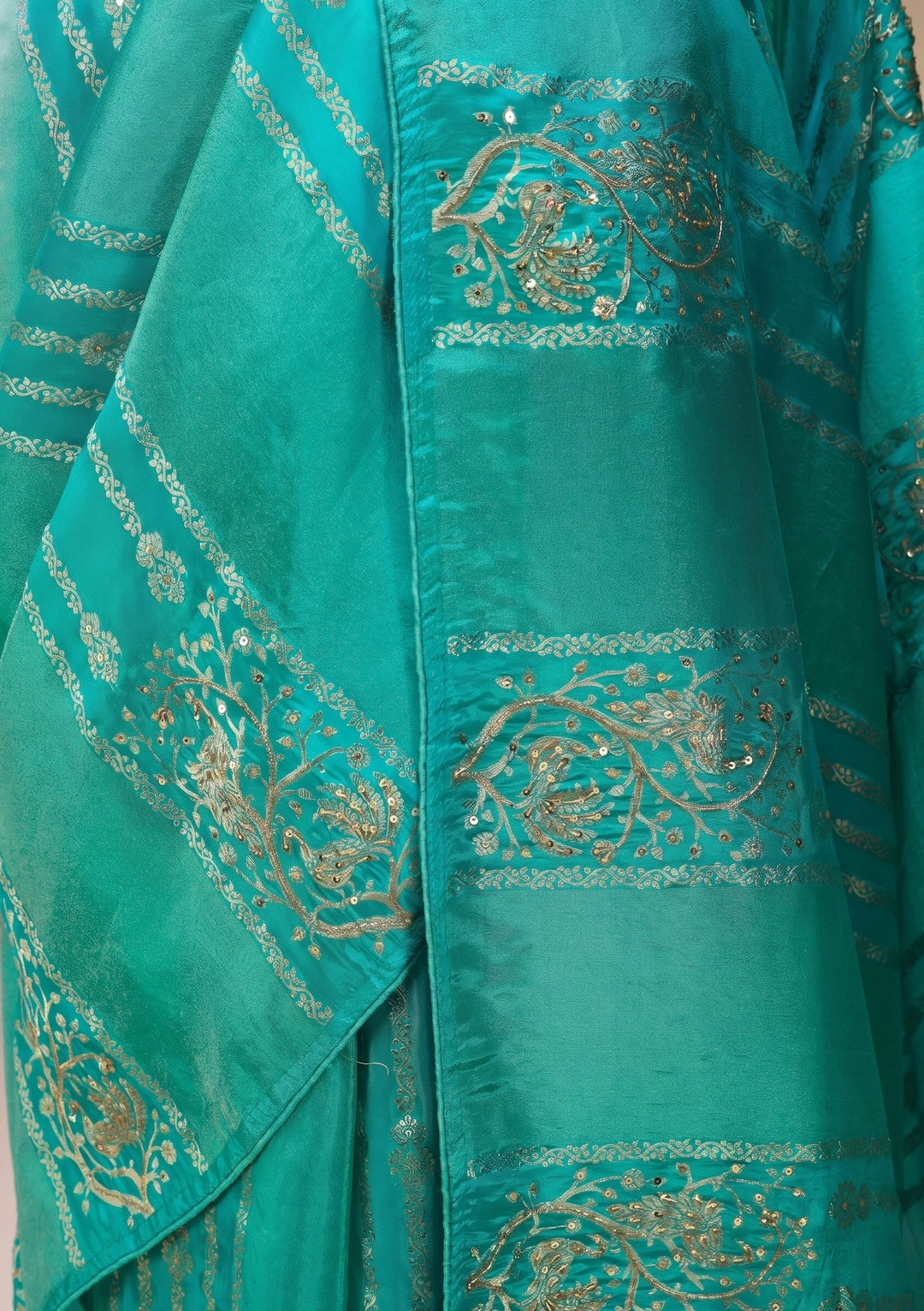 Sea Green Silk Jaal Cutdana Saree With Matching Blouse Piece