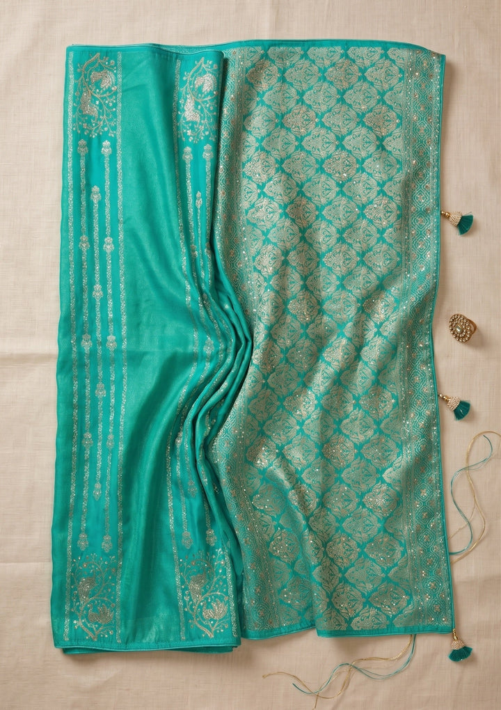 Sea Green Silk Jaal Cutdana Saree With Matching Blouse Piece