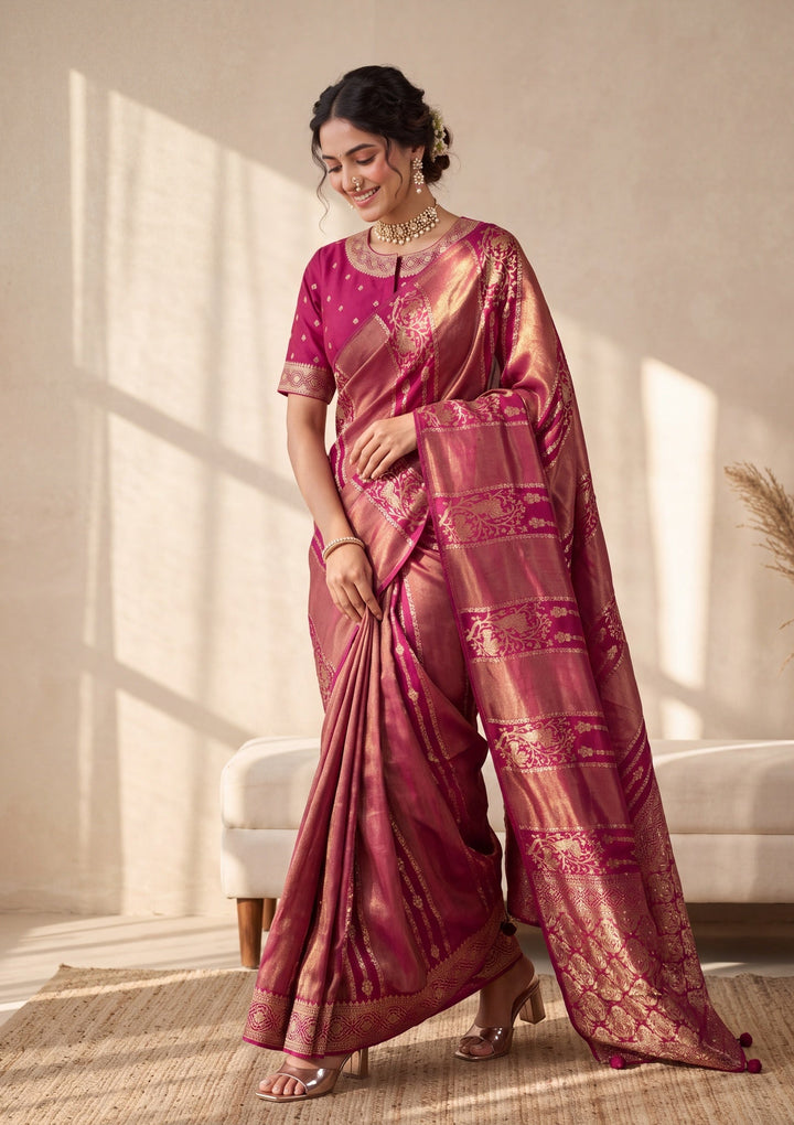Wine Silk Jaal Cutdana Saree With Matching Blouse Piece