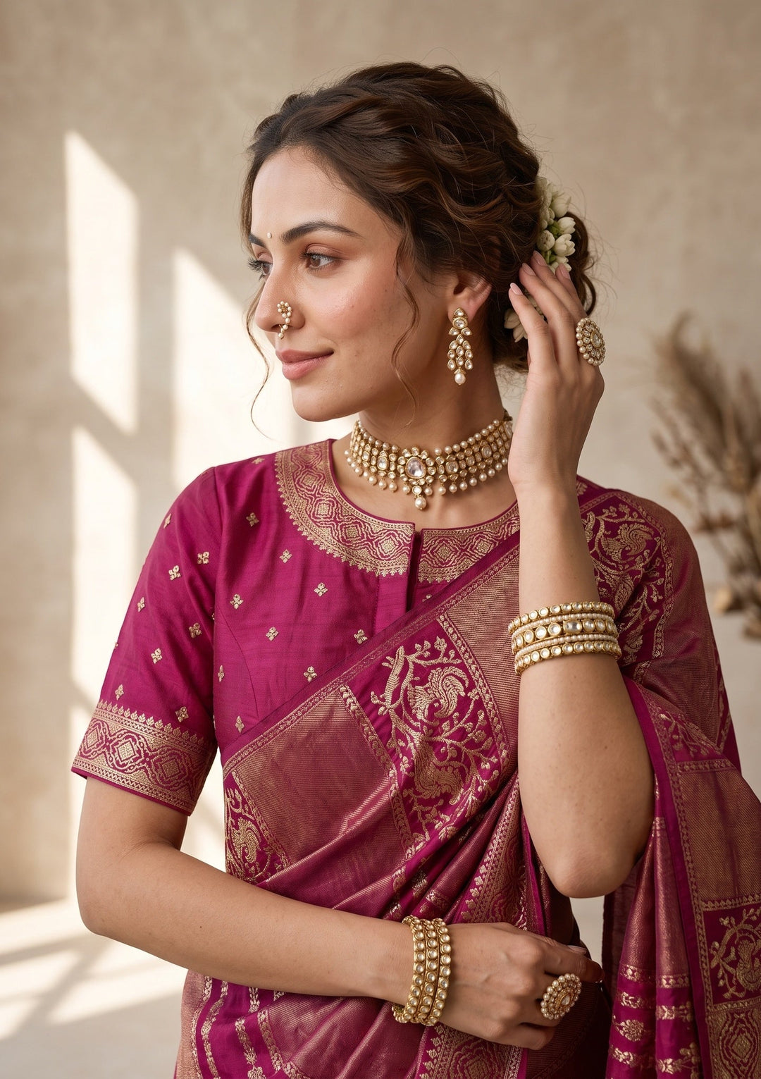 Wine Silk Jaal Cutdana Saree With Matching Blouse Piece