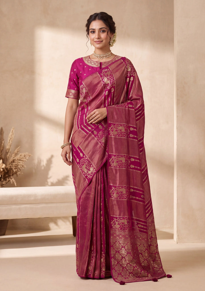 Wine Silk Jaal Cutdana Saree With Matching Blouse Piece