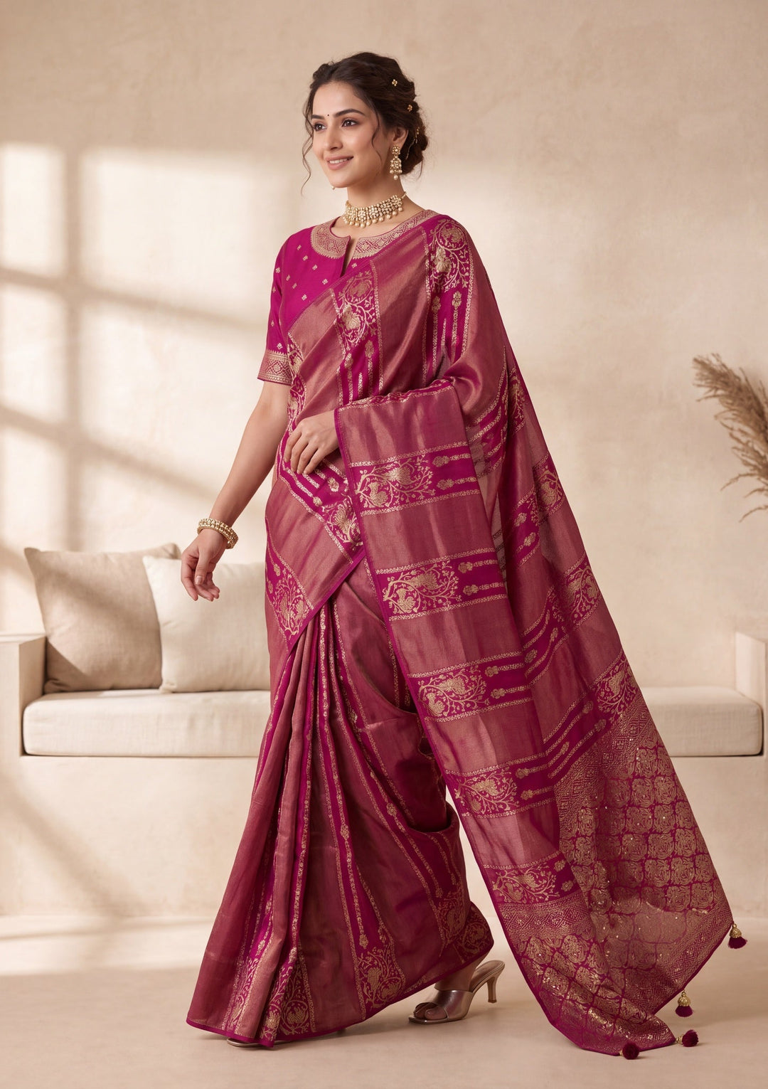 Wine Silk Jaal Cutdana Saree With Matching Blouse Piece