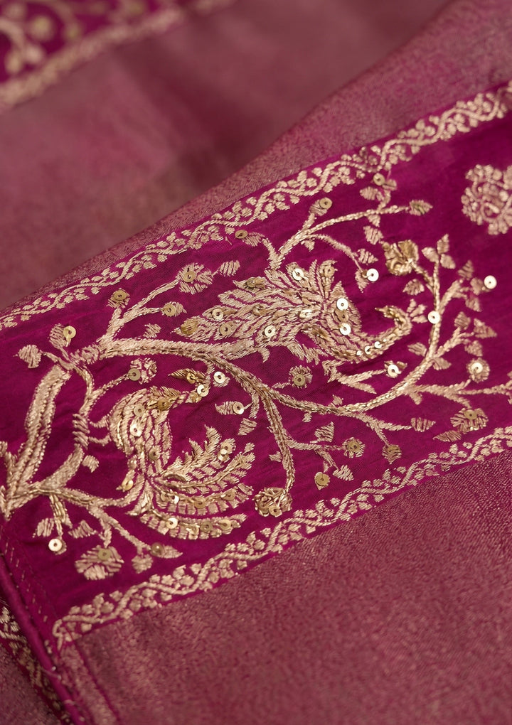 Wine Silk Jaal Cutdana Saree With Matching Blouse Piece