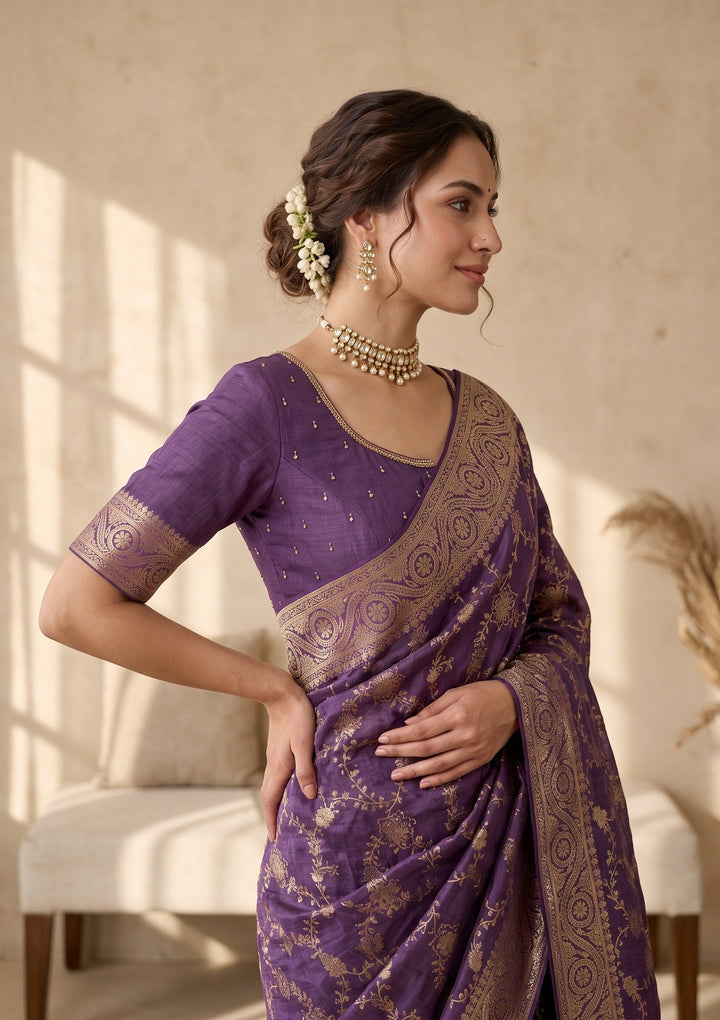 Purple Banarasi Silk Saree With Matching Blouse Piece