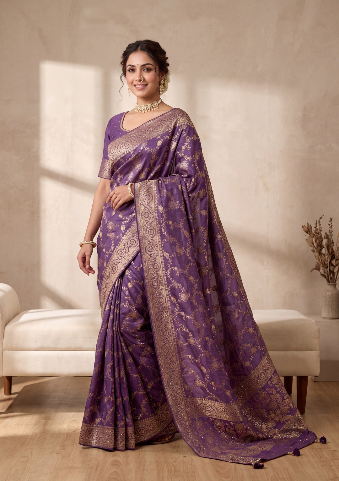 Purple Banarasi Silk Saree With Matching Blouse Piece
