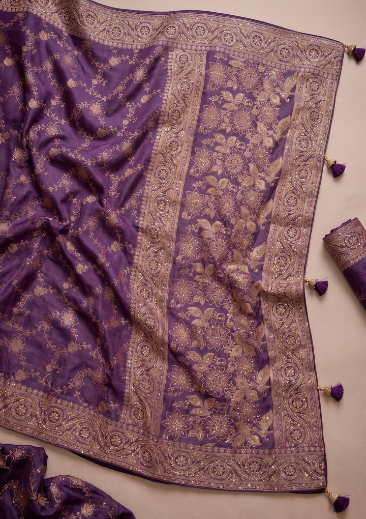Purple Banarasi Silk Saree With Matching Blouse Piece