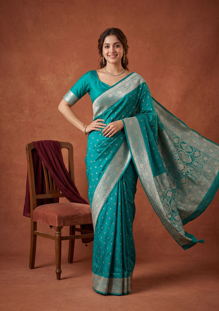Rama Green Silk Buti Gold Stonework Saree With Matching Blouse Piece