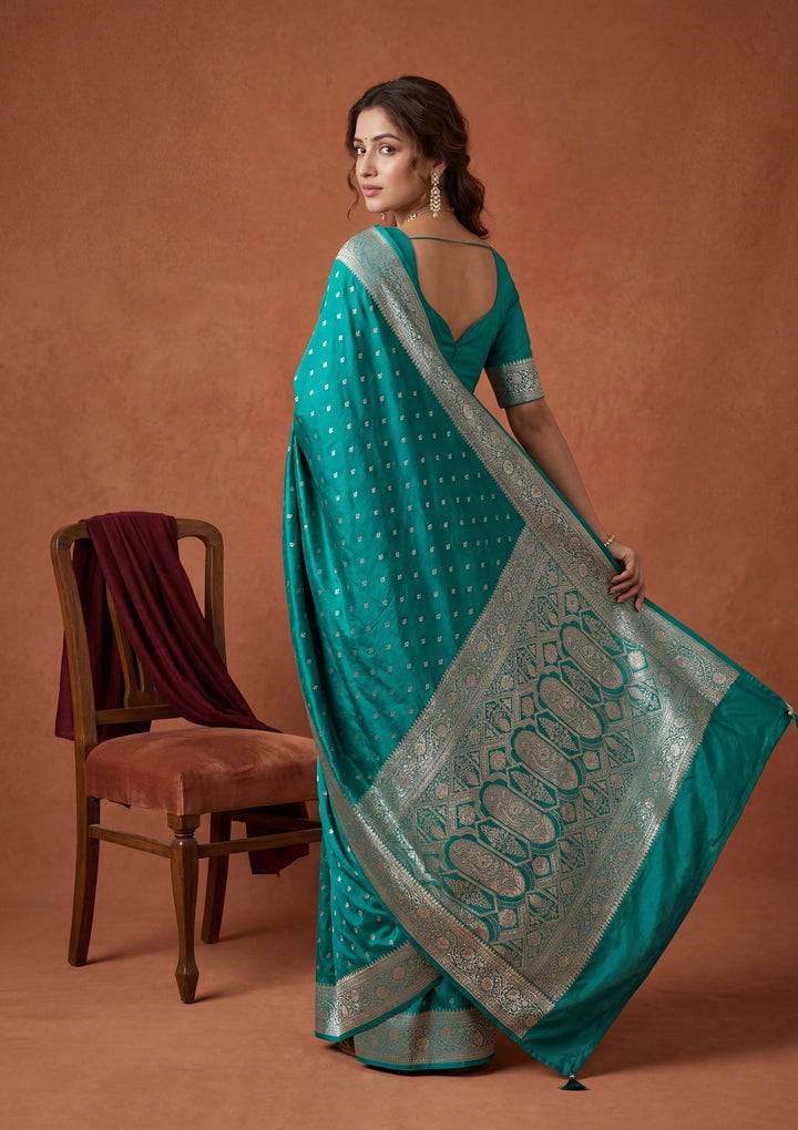 Rama Green Silk Buti Gold Stonework Saree With Matching Blouse Piece