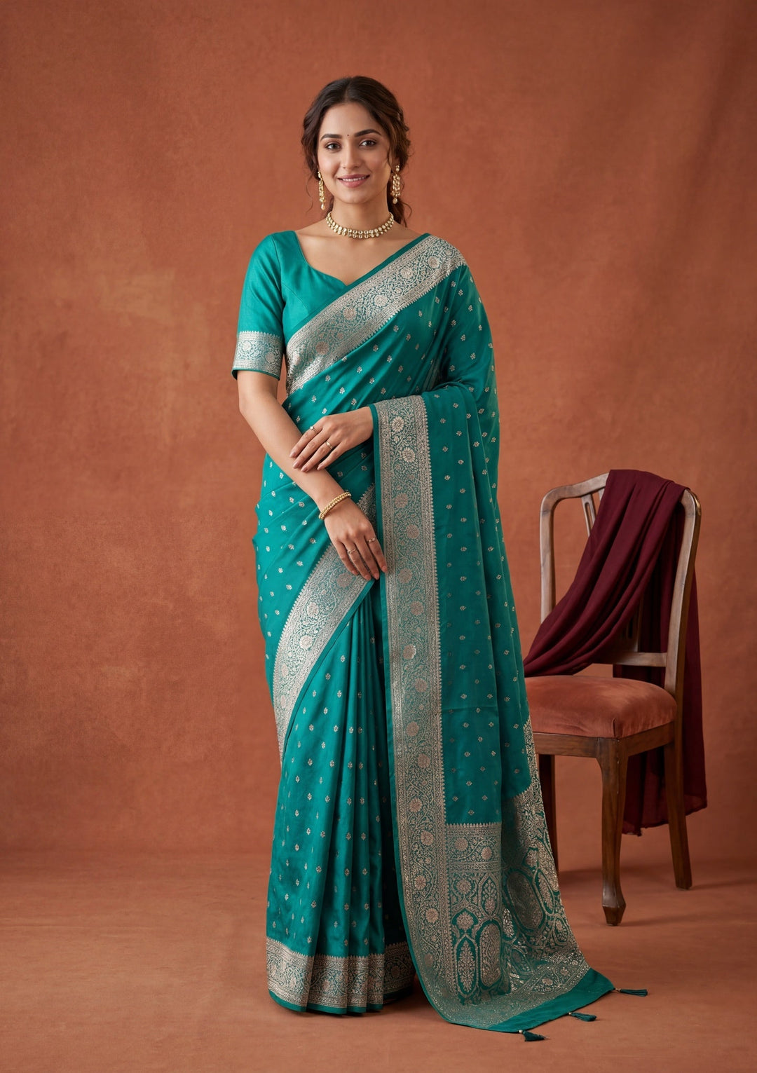 Rama Green Silk Buti Gold Stonework Saree With Matching Blouse Piece