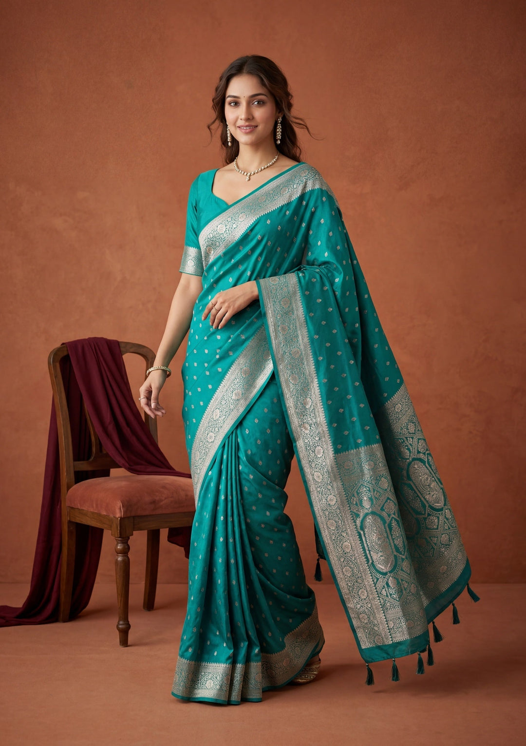 Rama Green Silk Buti Gold Stonework Saree With Matching Blouse Piece