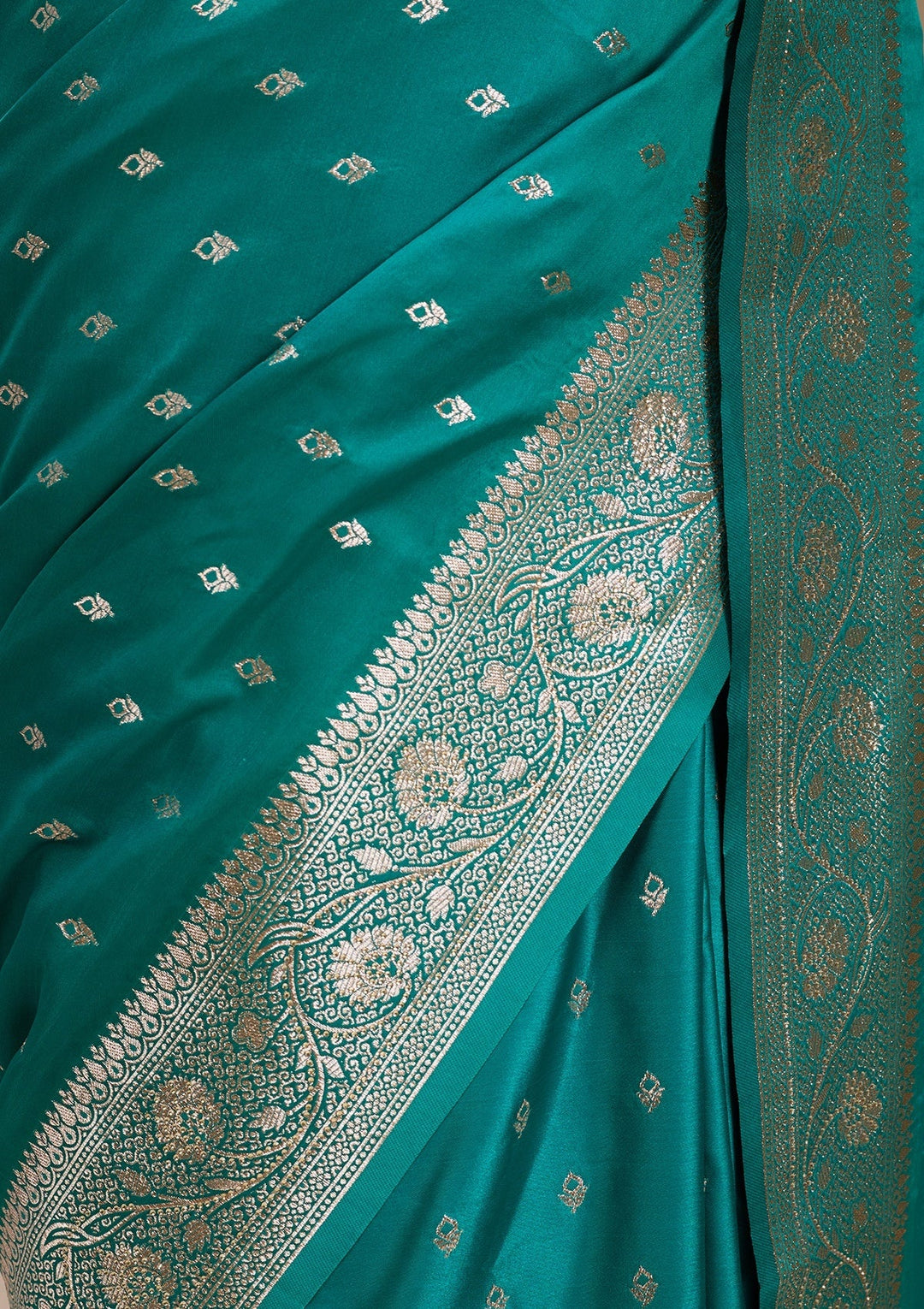 Rama Green Silk Buti Gold Stonework Saree With Matching Blouse Piece