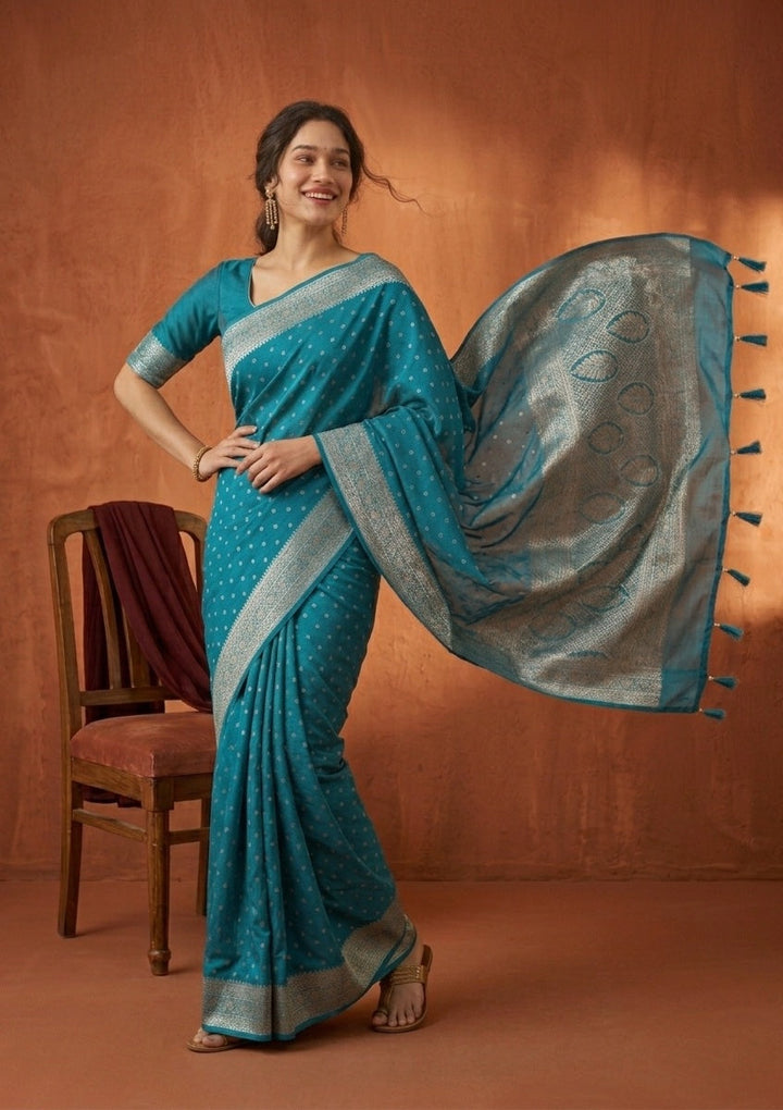 Turquoise Blue Stonework (Gold) Art Silk Saree
