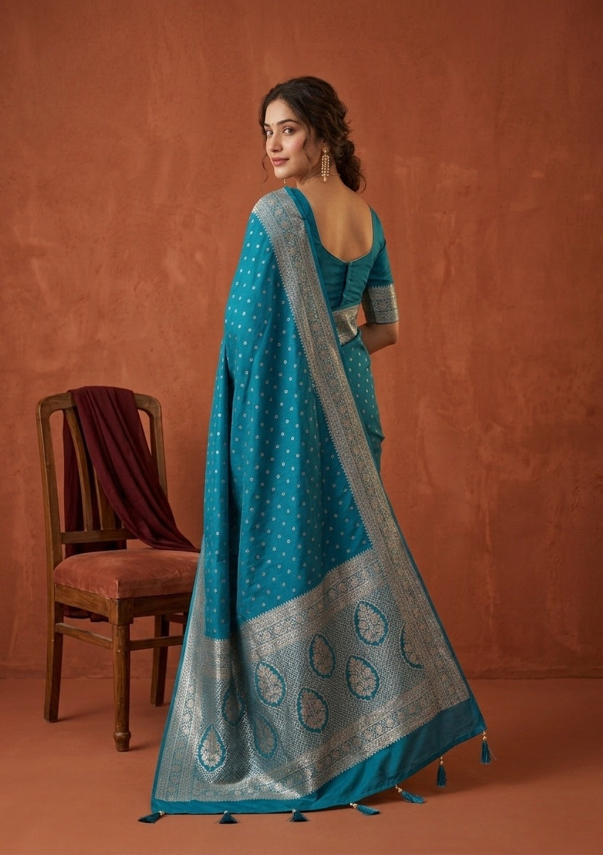 Turquoise Blue Stonework (Gold) Art Silk Saree
