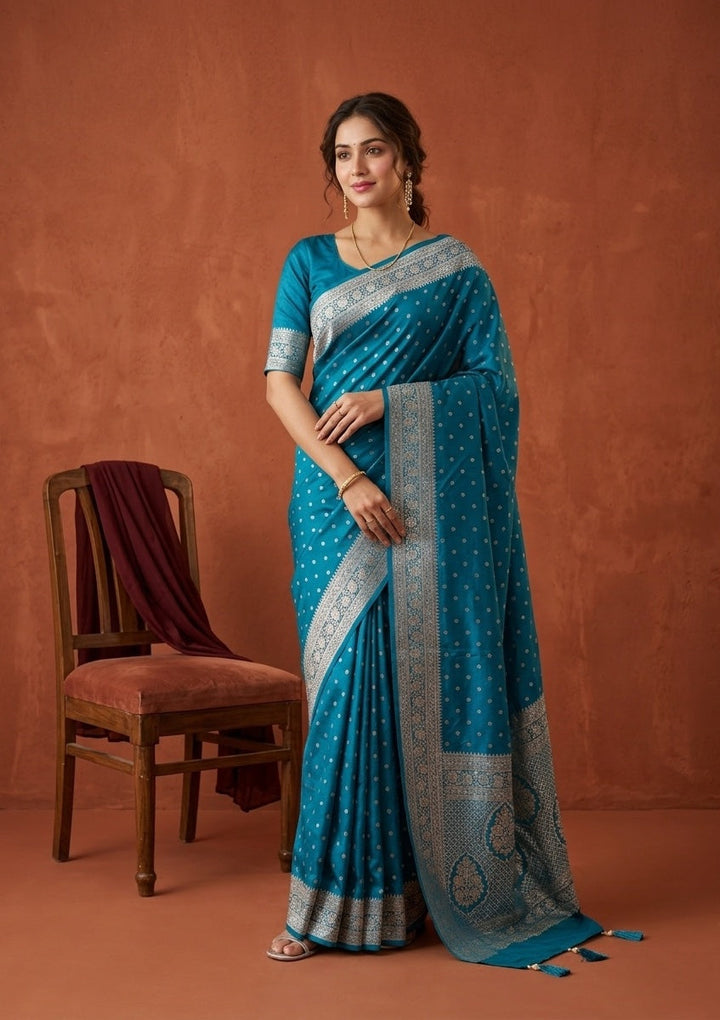 Turquoise Blue Stonework (Gold) Art Silk Saree