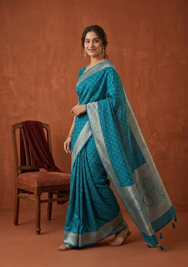 Turquoise Blue Stonework (Gold) Art Silk Saree