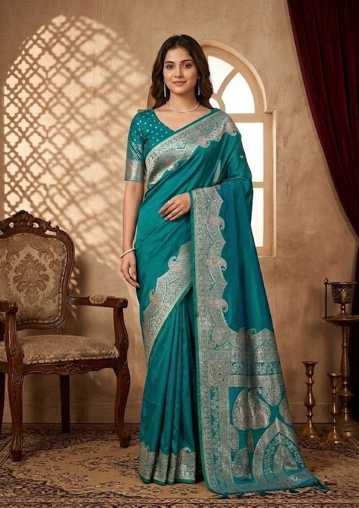 Turquoise Blue Silk Banarasi Gold Stonework Saree With Matching Blouse Piece
