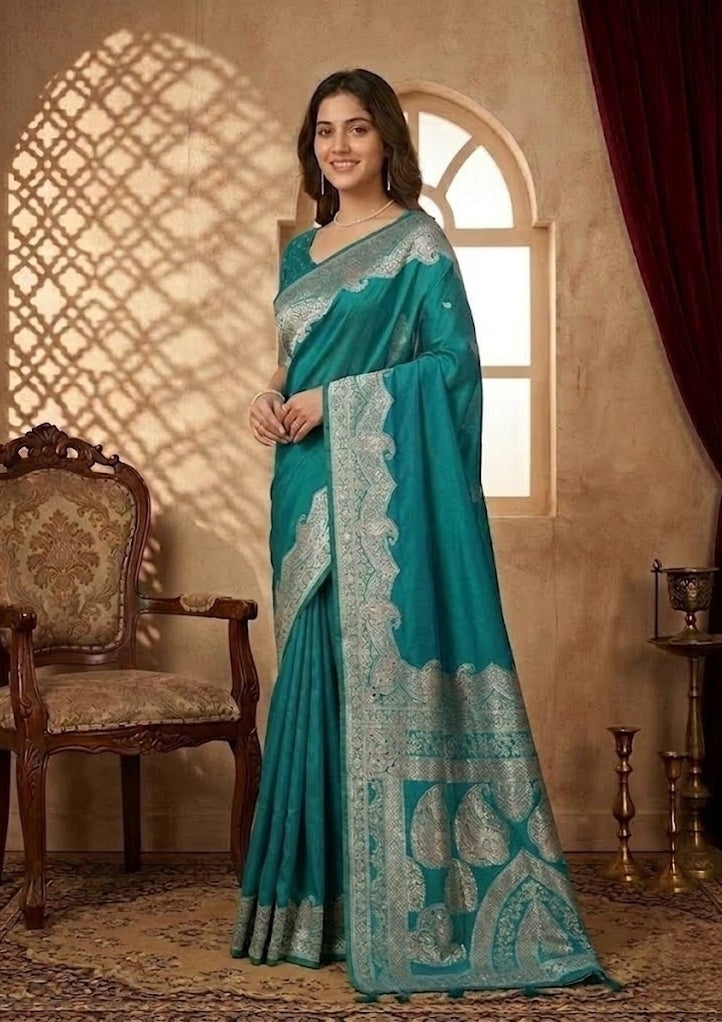 Turquoise Blue Silk Banarasi Gold Stonework Saree With Matching Blouse Piece