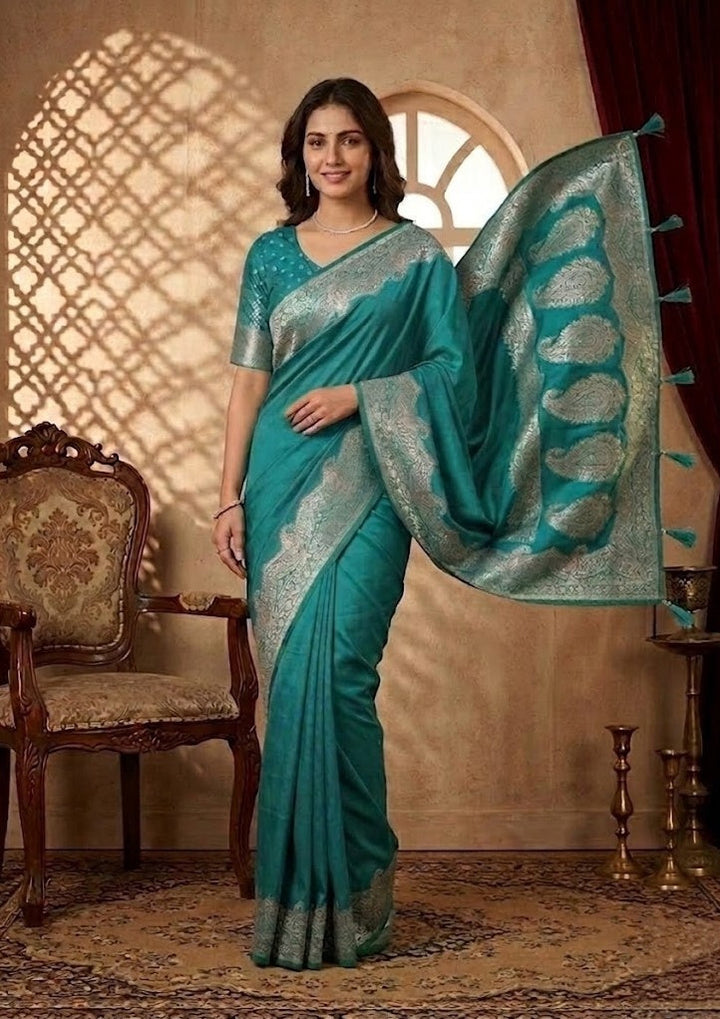Turquoise Blue Silk Banarasi Gold Stonework Saree With Matching Blouse Piece